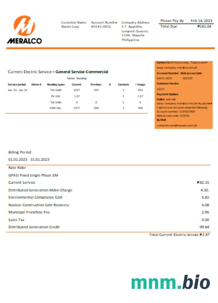Manila Electric Company (Meralco) rachunek za energię elektryczną